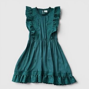Eyelet Lace Ruffle Trim Mini Dress Emerald Green Boho Cottagecore Women's M